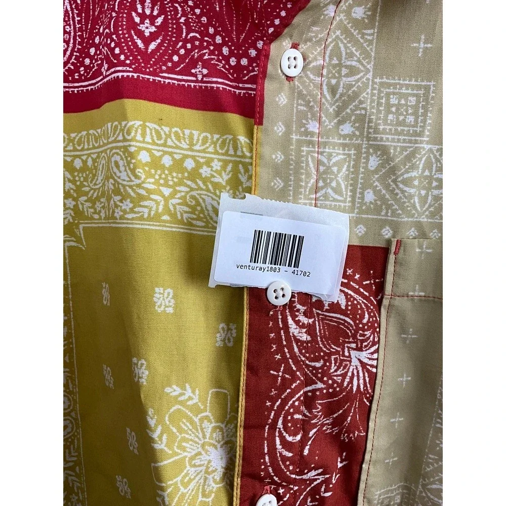 The North Face Mens XXL Bandana Patchwork Button Down Shirt Red Yellow Short Slv